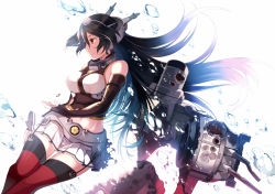 Rule 34 | 10s, 1girl, bare shoulders, black gloves, black hair, breasts, bubble, curvy, elbow gloves, fingerless gloves, garter straps, gloves, hairband, hanokage, headgear, kantai collection, large breasts, long hair, md5 mismatch, midriff, nagato (kancolle), navel, red eyes, skirt, smile, solo, standing, thighhighs, torn clothes, turret, very long hair, white background, wide hips, zettai ryouiki