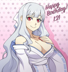Rule 34 | 10s, 1girl, bare shoulders, bow, breasts, chuunioniika, cleavage, collarbone, commentary, cosplay, hair bow, happy birthday, hara yumi, idolmaster, idolmaster (classic), large breasts, long hair, nail polish, off shoulder, red eyes, senran kagura, shijou takane, silver hair, smile, solo, voice actor connection, yumi (senran kagura), yumi (senran kagura) (cosplay)