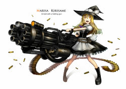 Rule 34 | 1girl, ammunition, ammunition belt, blonde hair, boots, bow, braid, english text, female focus, full body, gatling gun, gia, gun, hat, hat bow, highres, huge weapon, kirisame marisa, long hair, multiple-barrel firearm, obvious, open mouth, orange eyes, pouch, ribbon, shell casing, simple background, single braid, solo, touhou, weapon, white background, witch, witch hat