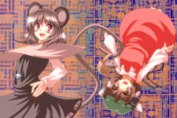 Rule 34 | 2girls, animal ears, basket, brown eyes, brown hair, cat ears, cat girl, cat tail, chen, earrings, female focus, grey hair, hat, heart, heart-shaped pupils, jewelry, mouse (animal), mouse ears, mouse tail, multiple girls, multiple tails, nazrin, red eyes, short hair, symbol-shaped pupils, tail, touhou, tro (trombe)