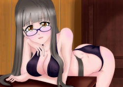 Rule 34 | 10s, 1girl, arm under breasts, bespectacled, blush, breasts, brown eyes, cleavage, covered erect nipples, glasses, grey hair, highres, indoors, large breasts, leaning forward, long hair, looking at viewer, looking over eyewear, love live!, love live! school idol project, mature female, minami kotori&#039;s mother, miru1979, parted lips, round eyewear, smile, solo