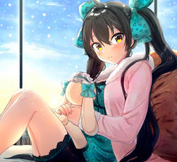 Rule 34 | 1girl, ahoge, aqua bow, black hair, black skirt, blush, bow, from side, hair between eyes, hair bow, highres, idolmaster, idolmaster cinderella girls, idolmaster cinderella girls starlight stage, indoors, long hair, looking at viewer, matoba risa, miniskirt, parted lips, sitting, skirt, snowing, solo, twintails, very long hair, wenquangua, yellow eyes