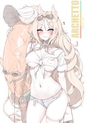 Rule 34 | 1girl, absurdres, animal ears, archetto (arknights), arknights, arm up, bag, blonde hair, blue eyes, blush, breast pocket, breasts, bright pupils, character name, choker, cleavage, collarbone, commentary, contrapposto, cowboy shot, crop top, cropped shirt, cross, cross choker, ear blush, english commentary, eyes visible through hair, eyewear on head, grin, groin, hair ornament, hat, heart, heterochromia, highres, holding, holding swim ring, innertube, large breasts, latin cross, lilac (k32420276), long hair, looking at viewer, micro shorts, navel, nose blush, paid reward available, pocket, red eyes, shirt, short sleeves, shorts, shoulder bag, simple background, smile, solo, standing, stomach, straw hat, sunglasses, swim ring, tied shirt, underboob, unworn hat, unworn headwear, white background, white choker, white hat, white pupils, white shirt, white shorts