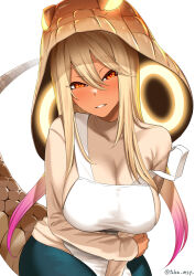 Rule 34 | 1girl, aged up, alternate breast size, animal hood, apron, blonde hair, blush, breasts, cowboy shot, detached hood, glowing, glowing clothes, hair between eyes, hand on own arm, head tilt, highres, hood, impossible clothes, impossible shirt, kashisu mint, kemono friends, king cobra (kemono friends), large breasts, leaning forward, long hair, long sleeves, looking at viewer, mature female, multicolored eyes, multicolored hair, orange eyes, pants, parted bangs, parted lips, pink hair, print hood, red eyes, ringed eyes, seductive smile, shirt, simple background, smile, snake hood, snake print, snake tail, solo, strap slip, tail, tan, turtleneck, twintails, twitter username, two-tone hair, very long hair, white apron, white background, yellow pupils