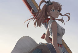 Rule 34 | 1girl, belt, blue eyes, breast pocket, breasts, brown hair, closed mouth, dress, flight deck, kantai collection, long hair, medium breasts, pocket, ponytail, rigging, saratoga (kancolle), simple background, sleeveless, sleeveless dress, smokestack, smokestack hair ornament, solo, taruya, upper body, white dress