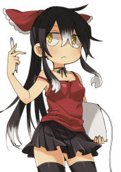 Rule 34 | 1girl, black hair, black skirt, black thighhighs, bow, breasts, closed mouth, commentary, cookie (touhou), cowboy shot, drawing tablet, expressionless, hair between eyes, hakurei reimu, holding, holding pen, long hair, looking to the side, medium breasts, miniskirt, nahori (hotbeans), pen, pleated skirt, red bow, red tank top, simple background, skirt, solo, strap slip, tank top, thighhighs, touhou, white background, yellow eyes, yuyusu (cookie), zettai ryouiki