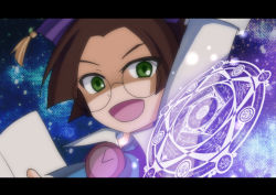 Rule 34 | 1boy, anime coloring, book, brown hair, casting spell, glasses, green eyes, hat, klug (puyopuyo), letterboxed, male focus, megumi rin, puyopuyo, puyopuyo fever, star (sky)