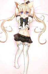 Rule 34 | 1girl, :o, alternate costume, alternate hair color, animal ears, arms up, bad id, bad pixiv id, black bow, black skirt, blanket (kkbjah), blonde hair, blue eyes, blush, bow, brooch, crop top, crop top overhang, dakimakura (medium), elsword, full body, highres, jewelry, kemonomimi mode, long hair, luciela r. sourcream, midriff, miniskirt, navel, pleated skirt, pointy ears, skirt, solo, symbol-shaped pupils, thighhighs, twintails, white background, white thighhighs