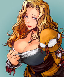 Rule 34 | 1girl, blonde hair, blue eyes, breasts, capcom, cleavage, dragon&#039;s dogma, dragon&#039;s dogma (series), jewelry, large breasts, lipstick, madeleine (dragon&#039;s dogma), makeup, necklace, non-web source, simple background, solo, yakibuta (shimapow)