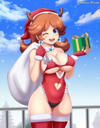 Rule 34 | 1girl, absurdres, blue eyes, blush, box, breasts, brown hair, christmas, cleavage, clothing cutout, earrings, gift, gift box, hat, heart cutout, highres, jewelry, large breasts, legs, leotard, looking at viewer, mario (series), navel, navel cutout, nintendo, one eye closed, patdarux, princess, princess daisy, red leotard, sack, santa hat, short hair, smile, solo, super mario land, thick thighs, thighhighs, thighs, wink