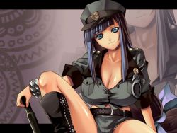 Rule 34 | 1girl, baton, bdsm, belt, black legwear, blue eyes, blue hair, blunt bangs, boots, bow, bracelet, breasts, cleavage, cuffs, dominatrix, fuutou shizune, hair bow, handcuffs, hat, head tilt, highres, huge breasts, jewelry, knee boots, letterboxed, long hair, looking at viewer, matching hair/eyes, midriff, nagahama megumi, oshioki sweetie, peaked cap, police, police uniform, policewoman, ponytail, short shorts, shorts, sidelocks, sitting, smile, solo, spiked bracelet, spikes, spread legs, studded belt, uniform, very long hair, wallpaper, weapon, zoom layer