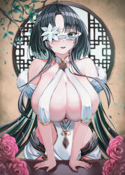 Rule 34 | 1girl, absurdres, azur lane, bare shoulders, black dress, black hair, breasts, cleavage, closed mouth, detached sleeves, dress, eye mask, green eyes, green hair, highres, holding, huan ch&#039;ang (azur lane), huan ch&#039;ang (dance beneath the moonlight) (azur lane), huge breasts, kanesada dp, long hair, looking at viewer, mask, multicolored hair, official alternate costume, sleeveless, smile, solo, very long hair