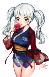 Rule 34 | 1girl, arm at side, bare legs, blade &amp; soul, blunt bangs, blush, breasts, candy apple, cowboy shot, eyelashes, fingernails, food, hand up, highres, holding, japanese clothes, kimono, large breasts, licking, long hair, long sleeves, looking at viewer, medium breasts, obi, open mouth, original, red eyes, rewolf, sash, short kimono, short yukata, simple background, solo, standing, teeth, tongue, tongue out, twintails, upper teeth only, white background, white hair, wide sleeves, yukata