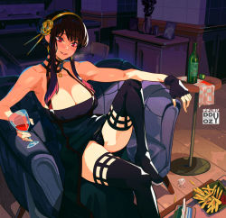 Rule 34 | 1girl, alcohol, bare arms, bare shoulders, beehive hairdo, black dress, black gloves, black hair, black panties, blush, breasts, choker, cleavage, clothes lift, cocomeen, couch, cup, dress, dress lift, drink, drinking glass, fingerless gloves, flower, flower pot, food, french fries, full body, gloves, hair flower, hair ornament, hairband, heart, heart-shaped pupils, high heels, highres, indoors, kitchen, large breasts, leg up, on couch, panties, red eyes, shelf, shirt, sidelocks, sitting, sleeveless, sleeveless shirt, smile, solo, spy x family, symbol-shaped pupils, table, thighhighs, underwear, wine glass, yor briar