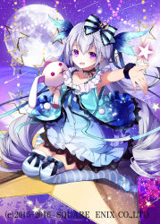 Rule 34 | 1girl, :d, bad id, bad pixiv id, blue dress, blue hair, bow, bracelet, dress, hair bow, hand up, holding, holding stuffed toy, jewelry, kaku-san-sei million arthur, long hair, looking at viewer, million arthur (series), official art, open mouth, purple eyes, sitting, sky, smile, solo, star (sky), star (symbol), starry moon, starry sky, striped clothes, striped thighhighs, stuffed animal, stuffed rabbit, stuffed toy, thighhighs, very long hair, watermark, yuuki kira