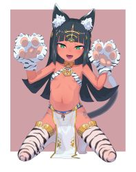 1girl ancient_egyptian animal_ear_fluff animal_ears animal_hands animal_print bare_shoulders bikini bikini_bottom_aside black_hair blush breasts cat_ears cat_tail clothing_aside eyeshadow fang female_focus full_body gloves green_eyes hayanye highres loincloth loli lolibaba long_hair looking_at_viewer makeup micro_bikini navel no_shoes open_mouth original paw_gloves side-tie_bikini_bottom simple_background skindentation small_breasts smile solo stomach string_bikini swimsuit tail teeth thighhighs tiger_print tongue