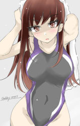 Rule 34 | 1girl, alternate costume, artist name, breasts, brown eyes, brown hair, collarbone, competition swimsuit, covered navel, dated, gakky, grey background, kantai collection, long hair, looking at viewer, medium breasts, one-piece swimsuit, ooi (kancolle), open mouth, simple background, solo, swimsuit, towel, towel on head, wet, wet hair