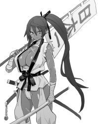 Rule 34 | 1girl, bandages, bow, breasts, cameltoe, chain, character request, dark-skinned female, dark skin, greyscale, hair bow, huge breasts, long hair, looking at viewer, monochrome, ponytail, sarashi, scar, shiny skin, solo, sword, velzhe, weapon