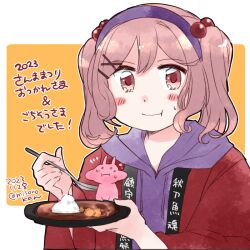 Rule 34 | 1girl, clothes writing, commentary request, dated, eating, hairband, happy birthday, hooded shirt, izumiyamisono, kantai collection, official alternate costume, orange background, pink eyes, pink hair, plate, purple hairband, purple shirt, rabbit, sazanami (kancolle), shirt, short hair, translation request, twintails, twitter username, two-tone background