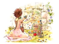 Rule 34 | 1girl, animal, animal on shoulder, apple, basket, blue flower, brown hair, chameleon, character name, commentary request, disney, drawing, dress, facing away, flower, flower basket, flower request, food, fruit, full body, grass, itsuki (sakana-crusade), leaf, messy hair, orange flower, outdoors, outstretched arms, painting (medium), pascal (tangled), petals, pink flower, puffy short sleeves, puffy sleeves, purple dress, rapunzel (disney), red flower, short hair, short sleeves, shoulder blades, sitting, solo, spoilers, stone wall, tangled, tiara, tombstone, traditional media, very short hair, wall, watercolor (medium), white flower, yellow flower