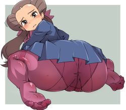 Rule 34 | 00s, 1girl, ass, back-seamed legwear, bad id, bad pixiv id, blush, brown hair, cameltoe, creatures (company), crotch seam, fat mons, feet, folded, from behind, game freak, gym leader, hair slicked back, huge ass, hun (uyonis), long hair, nintendo, panties, panties under pantyhose, pantyhose, pink pantyhose, pokemon, pokemon rse, ribbon, roxanne (pokemon), seamed legwear, simple background, soles, solo, twintails, underwear