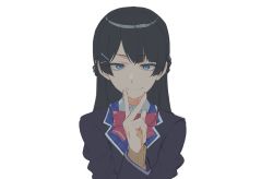 Rule 34 | 1girl, black hair, blazer, blue eyes, closed mouth, commentary request, hair ornament, hairclip, highres, jacket, kotoyama, long hair, looking at viewer, nijisanji, school uniform, simple background, smile, solo, tsukino mito, tsukino mito (1st costume), virtual youtuber, white background