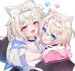 Rule 34 | 2girls, animal ear fluff, animal ears, belt collar, black collar, black jacket, blonde hair, blue eyes, blue hair, blush, breasts, closed mouth, collar, dog ears, dog girl, fake claws, fangs, fur-trimmed jacket, fur trim, fuwawa abyssgard, fuwawa abyssgard (1st costume), hair ornament, hairpin, headphones, headphones around neck, holoadvent, hololive, hololive english, jacket, large breasts, long hair, looking at viewer, medium hair, mococo abyssgard, mococo abyssgard (1st costume), multicolored hair, multiple girls, open mouth, pink eyes, pink hair, shirt, shitsu (kurikaesi), siblings, sisters, small breasts, smile, spiked collar, spikes, streaked hair, tongue, tongue out, virtual youtuber, white shirt, x hair ornament