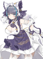 Rule 34 | 1girl, animal ears, aqua eyes, aqua hair, azur lane, black hair, breasts, cat ears, cheshire (azur lane), cleavage, detached sleeves, douya (233), dress, eyebrows, frilled dress, frills, headdress, large breasts, looking at viewer, multicolored hair, solo, standing, streaked hair, thighhighs, white thighhighs, wrist cuffs