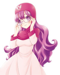 Rule 34 | 1girl, breasts, commentary request, curly hair, dragon quest, dragon quest ii, dress, glasses, hood, kichijou agata, long hair, medium breasts, princess of moonbrook, purple hair, robe, solo, white dress
