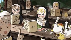 Rule 34 | 5girls, :d, :t, ^ ^, bird, blonde hair, blue eyes, book, brown eyes, brown hair, chalkboard, chef hat, chestnut, chicken, closed eyes, clumsy nun (diva), commentary, crumbs, cup, curtains, desk, diva (hyxpk), drinking glass, duck, duckling, eating, english commentary, eraser, food, food on face, fork, froggy nun (diva), frown, glasses, glasses nun (diva), grey hair, habit, hand up, hat, highres, index finger raised, juice, leaf, leaf nun (diva), leaf on head, lecturing, little nuns (diva), looking to the side, mug, multiple girls, napkin, nun, object on head, open mouth, orange juice, pasta, pencil, placemat, pointing, pointing at self, poster (object), reading, salad, smile, soup, spaghetti, spicy nun (diva), spikes, steam, sweatdrop, tea, teacup, traditional nun, upside-down book, wavy mouth, window, wine glass, yellow eyes