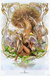 Rule 34 | 00s, 1girl, 2003, absurdres, art nouveau, blonde hair, braid, breasts, building, cleavage, elf, elf (lineage 2), feathers, flower, highres, hug, juno jeong, legs, lily (flower), lily pad, lineage, lineage 2, long legs, looking at viewer, morning glory, pegasus, pointy ears, rainbow, sitting, solo, tree, unicorn, waterlily, wings