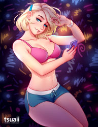 Rule 34 | 1girl, abstract background, audi (tsuaii), blonde hair, blue eyes, bra, breasts, cellphone, cleavage, collarbone, commentary, dolphin shorts, english commentary, hair ornament, hairclip, highres, holding, holding phone, looking at viewer, medium breasts, midriff, navel, original, phone, pink bra, short hair, shorts, smartphone, smile, solo, tsuaii, underwear, watch, wristwatch