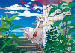 Rule 34 | 1girl, blue sky, brick, capelet, cloud, crescent, day, dew drop, dress, female focus, flag, flags of all nations, flower, hair ribbon, hand on wall, hat, hat ornament, highres, leaf, loafers, long dress, long hair, long sleeves, looking away, looking to the side, mob cap, outdoors, patchouli knowledge, plant, potted plant, purple eyes, purple hair, ribbon, shoes, sidelocks, sky, solo, stairs, standing, string, string of flags, striped, sugi, touhou, tress ribbon, vertical stripes, water, water drop, watering can, wind