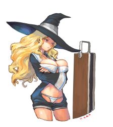 Rule 34 | 1girl, blonde hair, blue eyes, breasts, crossed arms, e.de.n, large breasts, long hair, navel, panties, solo, underwear, white background, witch