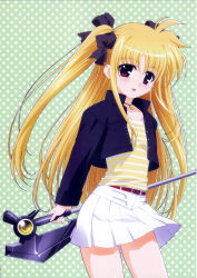Rule 34 | 00s, 1girl, bardiche (device form) (nanoha), bardiche (nanoha), blonde hair, blush, cropped jacket, fate testarossa, hair ribbon, highres, jacket, jewelry, long hair, lyrical nanoha, mahou shoujo lyrical nanoha, mahou shoujo lyrical nanoha a&#039;s, necklace, official art, okuda yasuhiro, open mouth, pleated skirt, red eyes, ribbon, skirt, smile, solo, twintails, weapon
