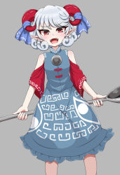 Rule 34 | 1girl, absurdres, blue dress, curly hair, detached sleeves, dress, earrings, eye print, fangs, highres, horizontal pupils, horn ornament, horn ribbon, horns, jewelry, meandros, open mouth, oversized object, patterned clothing, pointy ears, rectangular pupils, red eyes, red horns, red sleeves, ribbon, sheep horns, solo, touhou, toutetsu yuuma, tsuchinokonoko, utensil, white hair