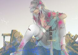 Rule 34 | 1girl, baseball cap, blood, blood on clothes, blood on face, blood on hands, blue eyes, boots, breasts, character name, cleavage, fingerless gloves, full body, gloves, grey sky, hair over one eye, hand on hilt, hat, hataraku saibou, hataraku saibou black, jacket, katana, large breasts, long hair, open clothes, open jacket, pants, ranko no ane, silver hair, sitting, sky, solo, sword, torn clothes, torn jacket, torn pants, u-1196, weapon, white footwear, white gloves, white hat, white jacket, white pants