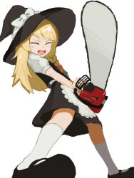 Rule 34 | 1girl, black footwear, black hat, black skirt, black vest, blonde hair, blush, bow, chainsaw, closed eyes, commentary request, cookie (touhou), full body, hair bow, hat, hat bow, holding, holding chainsaw, johnnyyyyy, kirisame marisa, long hair, open mouth, red bow, shirt, shoes, simple background, skirt, socks, solo, standing, suzu (cookie), touhou, vest, white background, white shirt, witch hat