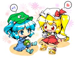 Rule 34 | 2girls, aki shizuha, blonde hair, blue eyes, blue hair, blush, character doll, chibi, dress, fang, female focus, flandre scarlet, hat, heart, kappa, kawashiro nitori, kazami yuuka, laughing, leaf, leaf on head, letty whiterock, lily white, multiple girls, musical note, object on head, playing, quaver, red eyes, red star (toranecomet), shoes, side ponytail, sitting, spoken heart, spoken musical note, touhou, toy, twintails, two side up, vampire, wings