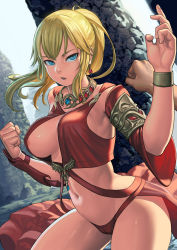 Rule 34 | 1girl, arched back, areola slip, arm guards, arm up, blonde hair, blue eyes, bracelet, breasts, cameltoe, cleavage, cleft of venus, cowboy shot, detached sleeves, disembodied hand, dutch angle, earrings, fighting, fighting stance, final fantasy, final fantasy xiv, highres, hyur, jewelry, large breasts, lasterk, long hair, looking at viewer, lyse hext, navel, necklace, outdoors, parted lips, ponytail, revealing clothes, sideboob, sidelocks, single detached sleeve, solo focus, tsurime
