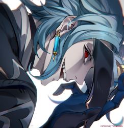 Rule 34 | 1boy, blue hair, commentary, crazy grin, dottore (genshin impact), earrings, eye mask, fangs, genshin impact, gloves, highres, jewelry, looking at viewer, male focus, mask, open mouth, parted bangs, red eyes, sharp teeth, sidelocks, simple background, teeth, white background, yeobosan