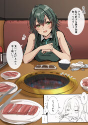 1girl absurdres bare_arms blush chopsticks commentary_request eating food gakuen_idolmaster green_eyes green_hair green_shirt grill hair_flaps highres holding holding_chopsticks idolmaster inset long_hair meat murabito_c own_hands_together pov restaurant rice shirt sitting sleeveless sleeveless_shirt smile solo speech_bubble translation_request tsukimura_temari very_long_hair