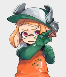 Rule 34 | 1girl, baseball cap, elbow gloves, gloves, green gloves, hat, inkling, inkling girl, inkling player character, nintendo, open mouth, orange hair, orange overalls, overalls, paint, pink eyes, pixiv13691592, pointy ears, rubber gloves, salmon run (splatoon), short hair, simple background, splatoon (series), splatoon 2, suction cups, sweat, tentacle hair, upper body, v-shaped eyebrows, white background