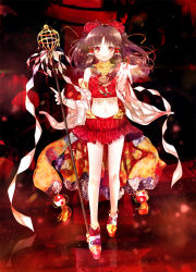 Rule 34 | 1girl, alternate headwear, bare legs, bare shoulders, black hair, bow, detached sleeves, embellished costume, female focus, hair bow, hair tubes, hakurei reimu, heco (mama), highres, long hair, looking at viewer, midriff, nail polish, navel, outstretched hand, red eyes, reflection, solo, staff, standing, touhou, wide sleeves