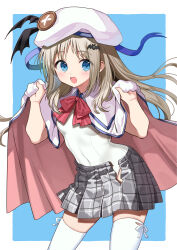 Rule 34 | 1girl, :d, absurdres, bat hair ornament, beret, black skirt, blue background, blue eyes, blush, border, brown hair, cape, cape hold, capelet, commentary request, covered navel, fang, hair ornament, hat, highres, leotard, little busters!, long hair, looking at viewer, nishizawa, noumi kudryavka, open mouth, pink capelet, plaid, plaid skirt, skirt, smile, solo, thighhighs, two-tone cape, white border, white cape, white hat, white leotard, white thighhighs