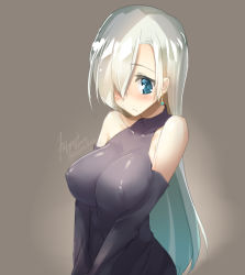 Rule 34 | 10s, 1girl, artist name, black gloves, blue eyes, blush, breasts, covered erect nipples, dated, detached sleeves, earrings, elizabeth liones, embarrassed, eyelashes, from side, frown, gloves, gradient background, grey background, grey hair, hair over one eye, halterneck, jewelry, large breasts, leotard, long hair, nanatsu no taizai, nipples, no bra, signature, solo, standing, tilt-shift (azalanz), v arms, very long hair