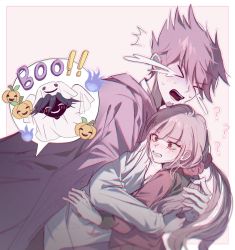 Rule 34 | !, !!, &gt; &lt;, 1boy, 1girl, ?, ??, blush, border, brown hair, clenched teeth, closed eyes, commentary request, crying, danganronpa (series), danganronpa v3: killing harmony, facial hair, ghost costume, goatee, grey background, grey shirt, hair ornament, hair scrunchie, hairclip, halloween, harukawa maki, highres, hug, jacket, jacket on shoulders, jey (j3y), long hair, long sleeves, mole, mole under eye, momota kaito, open mouth, oma kokichi, outline, pale skin, pink hair, pink jacket, pumpkin, red eyes, scared, scrunchie, shirt, simple background, spiked hair, spoken character, tears, teeth, twintails, twitter username, upper teeth only, white border, white outline