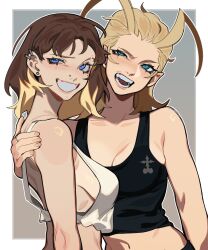 Rule 34 | 2girls, :d, absurdres, antenna hair, aqua eyes, arm around shoulder, arm at side, artist self-insert, black tank top, blonde hair, blue eyes, blush, breasts, brown hair, crop top, ear piercing, earrings, from side, grey background, grin, hair slicked back, hand on another&#039;s shoulder, highres, jewelry, kingdom hearts, larxene, long hair, looking ahead, looking at viewer, martini (porqueloin), midriff, multicolored hair, multiple girls, navel, nose piercing, open mouth, original, piercing, porqueloin, sideboob, simple background, small breasts, smile, straight hair, stud earrings, tank top, teeth, tongue, two-tone hair, upper body, white tank top