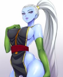 Rule 34 | 10s, 1girl, angel, angel (dragon ball), blue eyes, blue skin, breasts, colored skin, covered erect nipples, dragon ball, dragon ball super, elbow gloves, female focus, gloves, green gloves, hand on own hip, hand on own chest, lipstick, long hair, looking at viewer, makeup, navel, nipples, ponytail, purple eyes, purple lips, pussy, solo, standing, teba motoko, vados (dragon ball), white hair