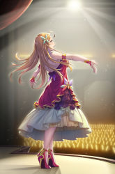 Rule 34 | 1girl, ahoge, backless dress, backless outfit, bare shoulders, blonde hair, blue eyes, curtains, dress, glowstick, hair ornament, high heels, highres, idolmaster, idolmaster million live!, long hair, looking to the side, nanaran, open mouth, red dress, red footwear, shadow, shinomiya karen, solo, stage lights, standing